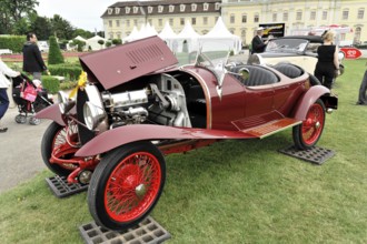 Bugatti Type 23, built in 1925, classic car, open bonnet of a red classic car in an exhibition,