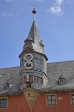 Lancet turret with astronomical clock and heraldic animal of town hall, roof, building, landmark,