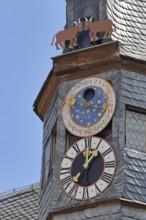 Lancet turret with astronomical clock and heraldic animal of town hall, roof, building, landmark,