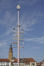 Guild pole with symbols for historical professions, pole with guild sign, craftsmen, maypole,