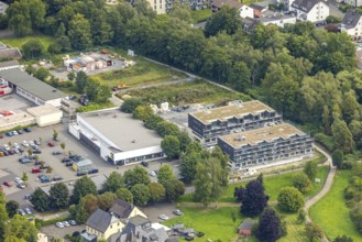 Aerial view, construction site with new residential quarter An der Schlacht, behind Lidl