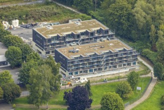 Aerial view, construction site with new residential quarter An der Schlacht am Fluss Ruhr,