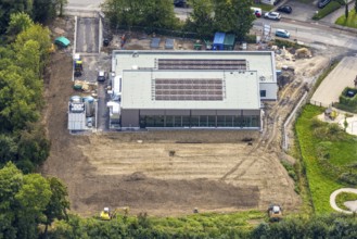 Aerial view, construction site with new swimming pool, school and club pool, Auf der Alm, Lasmecke,