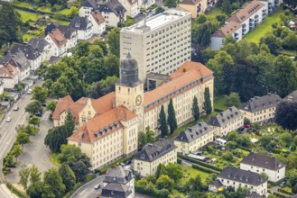 Aerial view, district government Arnsberg, new government Arnsberg and high-rise building,