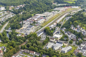 Aerial view, Arnsberg railway station, Zu den Werkstätten industrial estate, below Ruhrblick senior