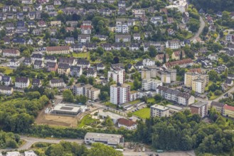 Aerial view, high-rise housing estate Lasmecke, below construction site with new swimming pool with
