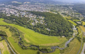 Aerial view, old town with river Ruhr Ruhrbogen at the forest area Eichholz, weir and camel bridge