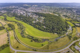 Aerial view, old town with river Ruhr Ruhrbogen at the forest area Eichholz, weir and camel bridge