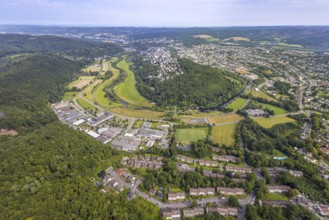 Aerial view, old town with river Ruhr Ruhrbogen at the forest area Eichholz, weir and camel bridge