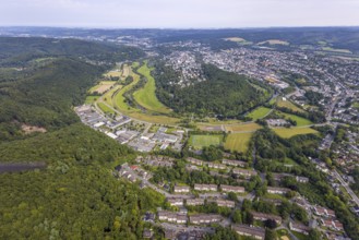 Aerial view, old town with river Ruhr Ruhrbogen at the forest area Eichholz, weir and camel bridge