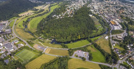 Aerial view, old town with river Ruhr Ruhrbogen at forest area Eichholz, weir and camel bridge at