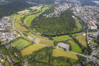 Aerial view, old town with river Ruhr Ruhrbogen at forest area Eichholz, weir and camel bridge at