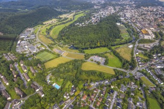 Aerial view, old town with river Ruhr Ruhrbogen at forest area Eichholz, weir and camel bridge at