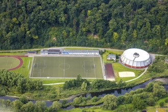 Aerial view, football stadium sports centre Eichholz with round sports hall, Arnsberg, Ruhr area,