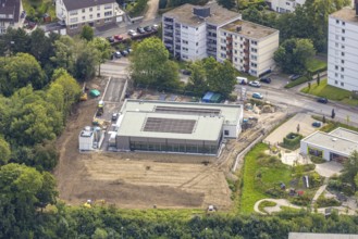Aerial view, construction site with new swimming pool, school and club pool, Auf der Alm, Lasmecke,