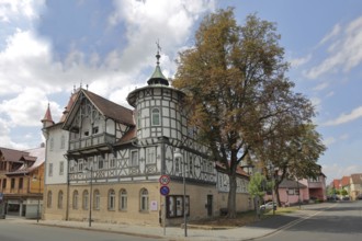 Fridolinhaus half-timbered house built in 1386, corner turret, Bad Rodach, Upper Franconia,