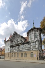 Fridolinhaus half-timbered house built in 1386, corner turret, Bad Rodach, Upper Franconia,