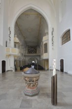 Historic baptismal font from 1539 decorations and chancel, interior view, arts and crafts, art,