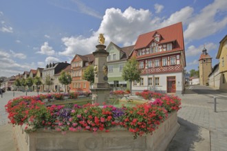 Market square with market fountain, half-timbered houses and copper tower, town tower, columns with
