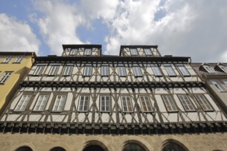 Gothic half-timbered mint master's house built in 1444, view upwards, Coburg, Upper Franconia,