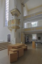 Altar and pulpit with pulpit bonnet, pulpit cover, sounding board, pulpit canopy, interior view,