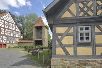 Half-timbered house, old school built 1672, powder tower built 16th century, shell tower, historic