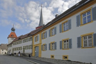 Protestant rectory, town hall and town musicians' tower, fortified church, gate tower, Marktsteft,