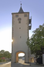 Lower tower built in 1234 in backlight, historical town tower, town gate, light mood, Haßfurt,