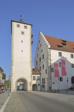 Upper tower and town hall with stepped gable, town gate, town tower, flags, Haßfurt, Lower