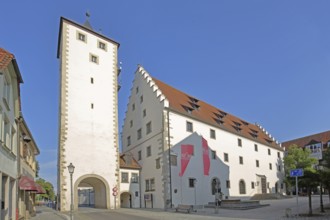 Upper tower and town hall with stepped gable and flags, town gate, town tower, Haßfurt, Lower