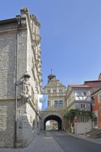 Renaissance town hall built in 1581 with statue of St George and Main Gate, town gate, town tower,
