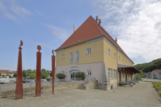 Warehouse built in 1754 and three rusty steel sculptures, Modern Art, Marktbreit, Lower Franconia,