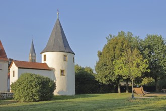 Medieval Fröschturm, part of the former town wall, town fortification, tower with building,
