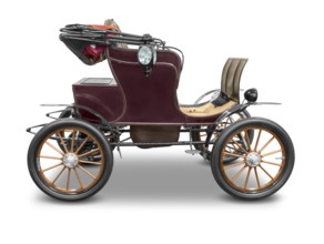 Sideways shot of a old historic electric car isolated in white back with shadow