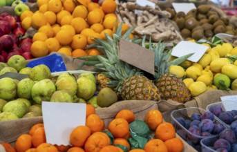 Various fruits seen at a market in Liguria, a region of north-western Italy