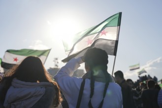 Thousands of Syrians take to public squares and main streets waving the revolutionary flag and