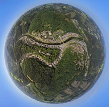 Aerial view, river Lenne and youth hostel Burg Altena on the Klusenberg, earth globe, fisheye