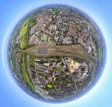 Aerial view, Hamm-West, harbour and city in between main station, globe, fisheye image, 360 degree