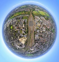 Aerial view, Hamm-West, harbour and city in between main station, globe, fisheye image, 360 degree