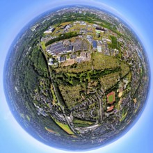 Aerial view, industrial estate technology park and service location Phoenix-West, globe, fisheye