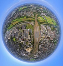 Aerial view, Hamm-West, harbour and city in between main station, globe, fisheye image, 360 degree