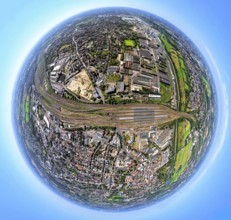 Aerial view, Hamm-West, harbour and city in between main station, globe, fisheye image, 360 degree