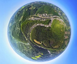 Aerial view, river Lenne and youth hostel Burg Altena on the Klusenberg, earth globe, fisheye