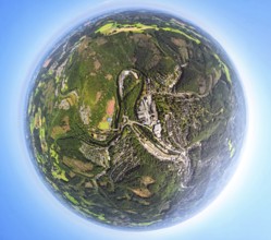 Aerial view, river Lenne and Lenneschleife with old town, globe, fisheye image, fisheye image, 360