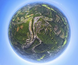 Aerial view, river Lenne and Lenneschleife, old town, globe, fisheye image, 360 degree image, tiny