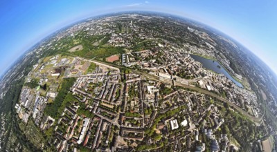 Aerial view, residential area, view of the district of Hörde with Phoenix Lake, commercial area