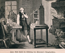James Watt studies the invention of the Newcomen steam engine, industrialisation, technology,