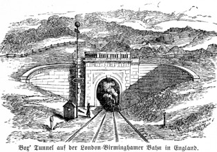 Tunnel on the London-Birmingham railway in England, rails, double track, signal, steam locomotive,