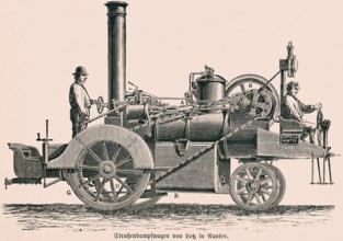 Road steam engine by Lotz in Nantes, steam boiler, two men, drive shaft, chimney, control,