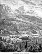 Railway road across the Tyrolean Alps, Austria, mountain landscape, gorge, tracks in serpentine